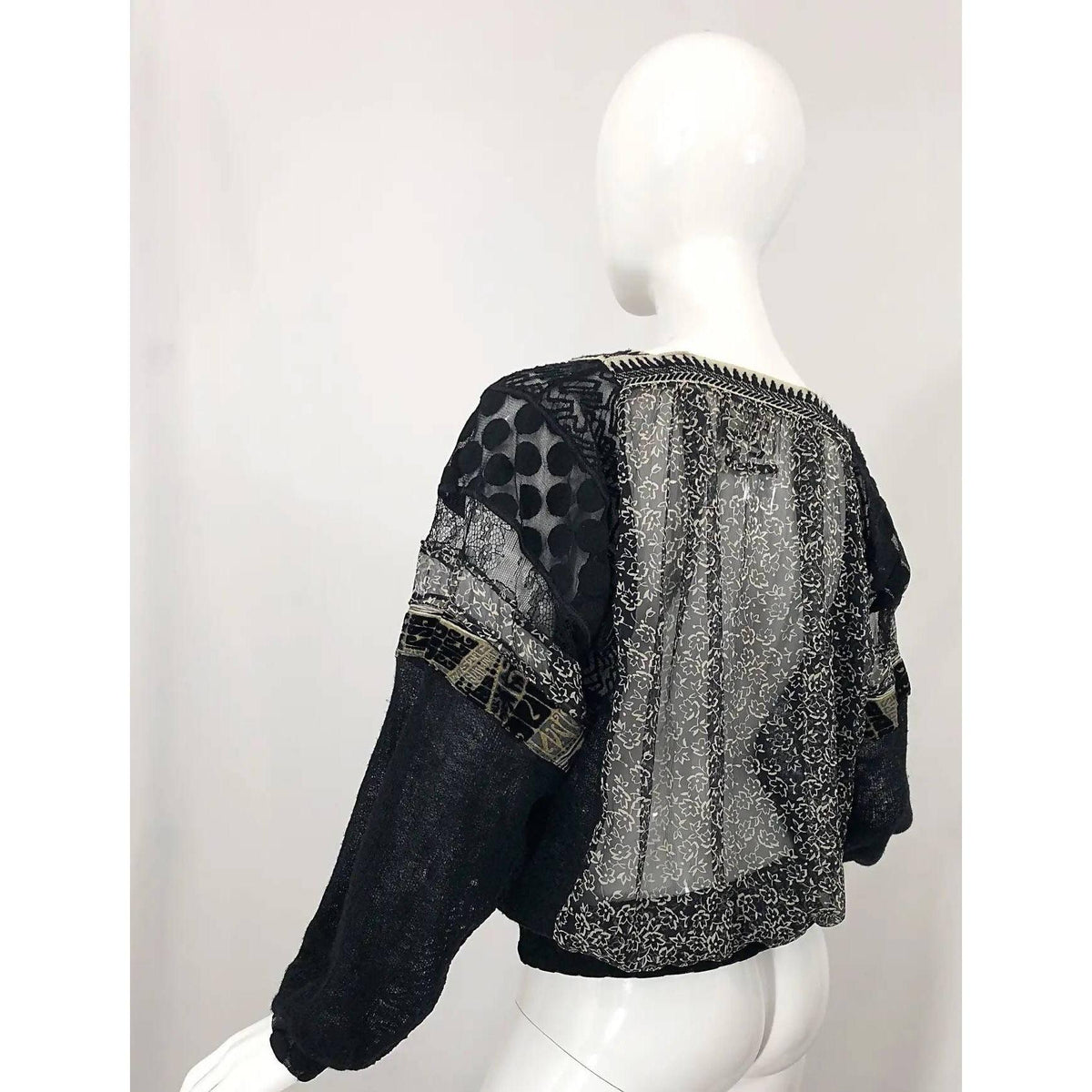 Pre-Owned JEAN PAUL GAULTIER Hand Painted Rapunzel Print Black Sheer Blouse - theREMODA