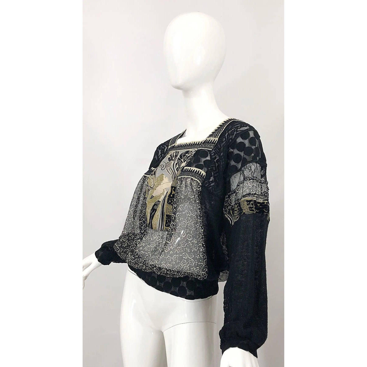 Pre-Owned JEAN PAUL GAULTIER Hand Painted Rapunzel Print Black Sheer Blouse - theREMODA