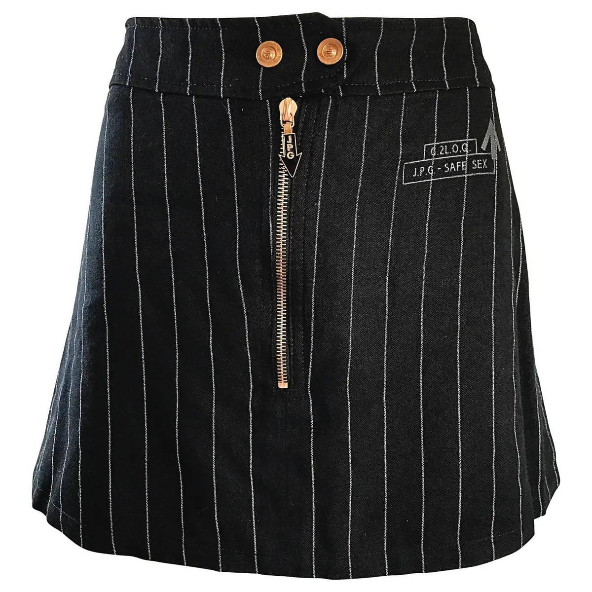 Pre-Owned JEAN PAUL GAULTIER "Safe Sex" Black & White Pinstripe Mini Skirt - theREMODA