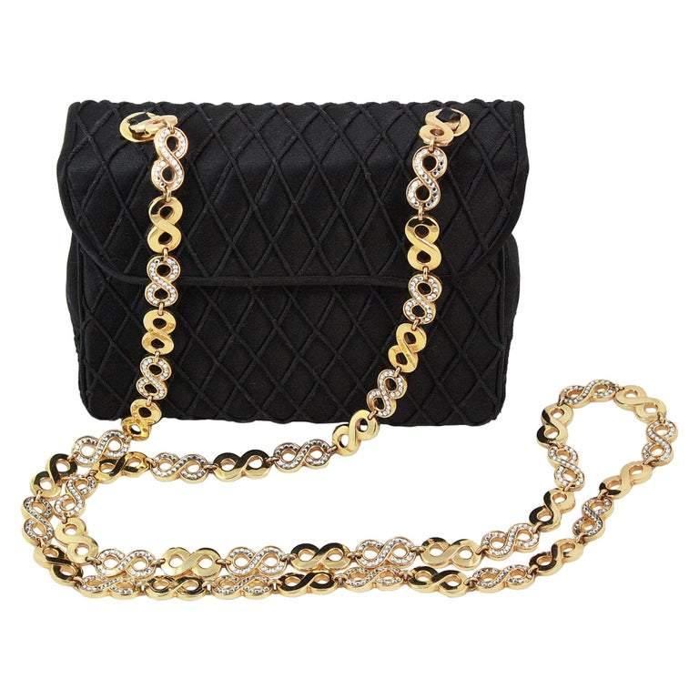 Pre-owned JUDITH LEIBER Black Satin Purse with Gold & Rhinestone Infinity Chain - theREMODA