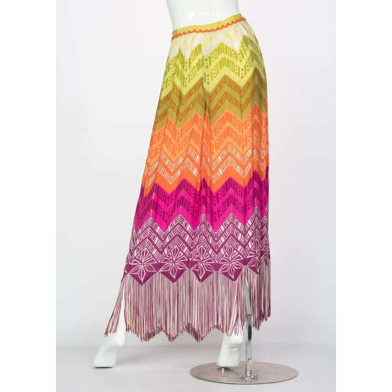 Pre-Owned LANVIN Silk Rainbow Print Fringe Maxi Skirt, 1970s | Small/Medium - theREMODA
