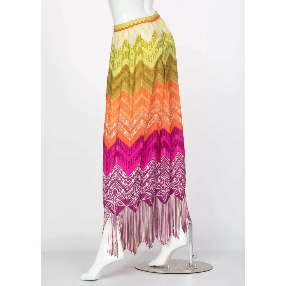 Pre-Owned LANVIN Silk Rainbow Print Fringe Maxi Skirt, 1970s | Small/Medium - theREMODA