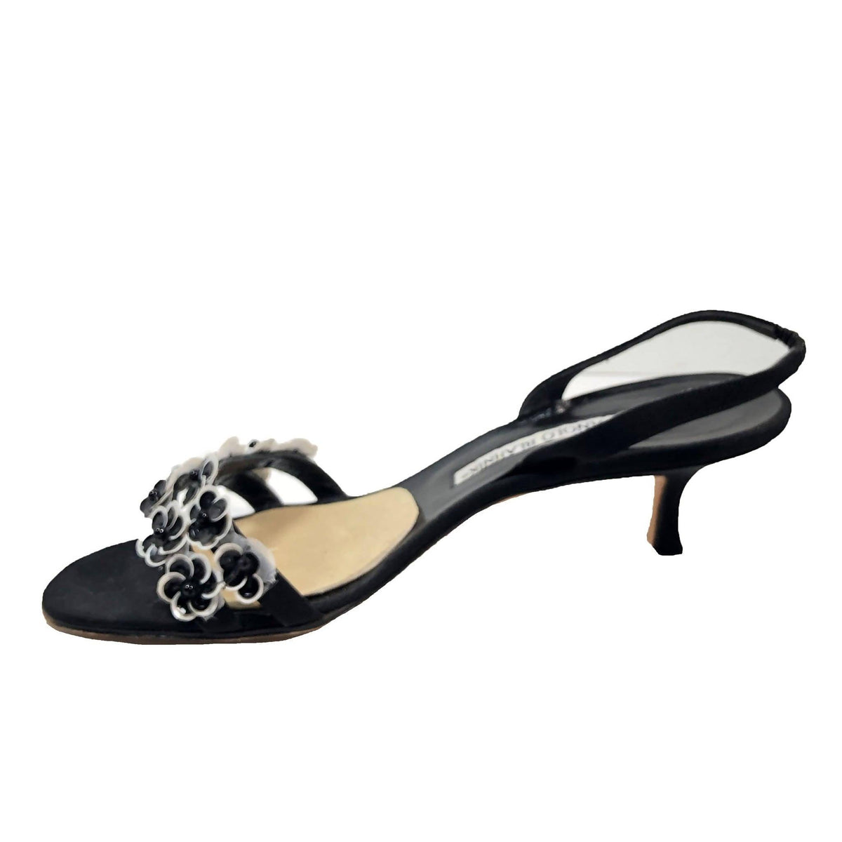 Pre-owned MANOLO BLAHNIK Black & White Slingback Heels with Floral Toe Strap | US 8 1/2 - EU 38 1/2 - theREMODA