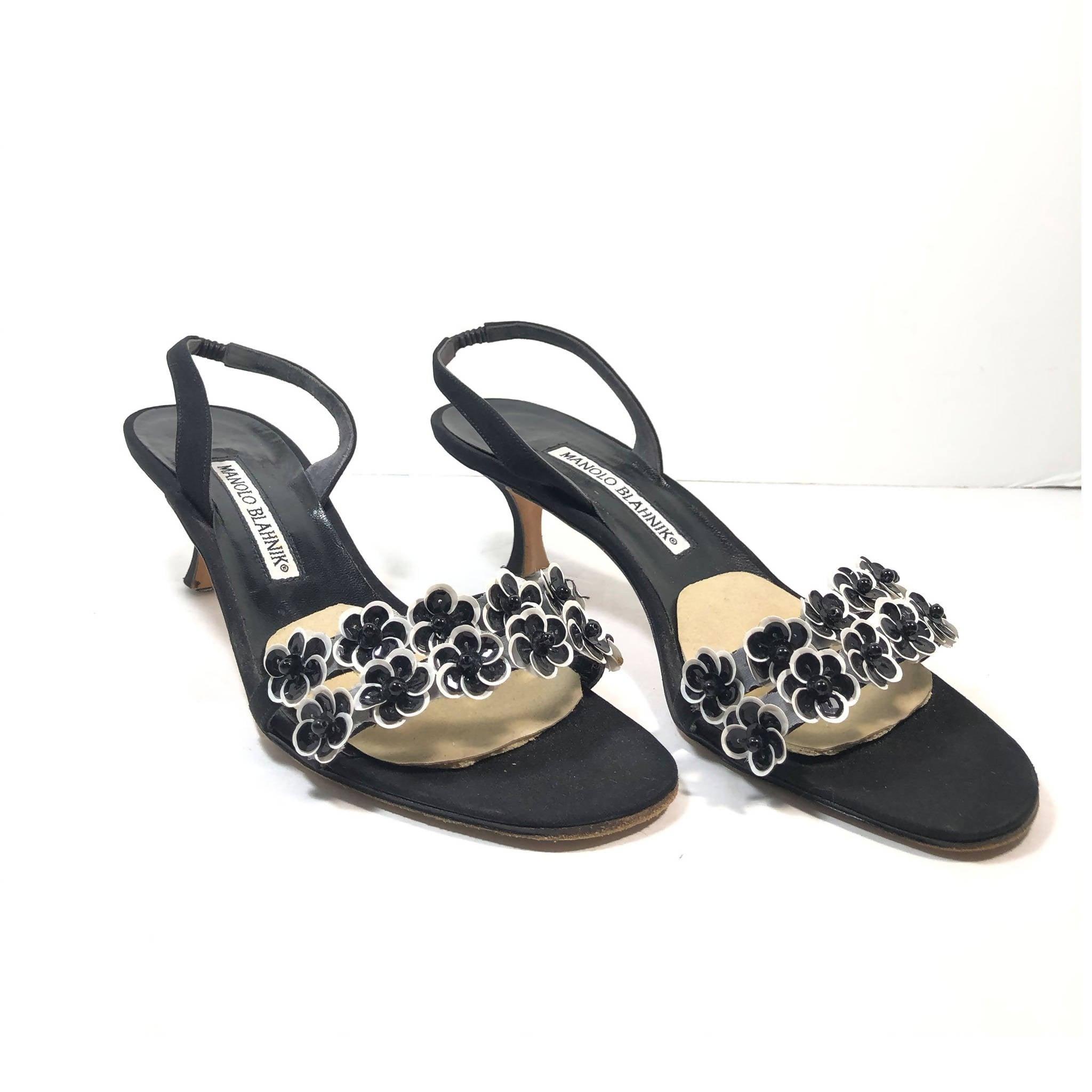 MANOLO BLAHNIK Black & White Slingback Heels with Floral Toe Strap 