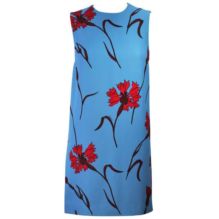 Pre-Owned MIU MIU Blue Shift Dress with Red Floral Print | Size 36 - theREMODA