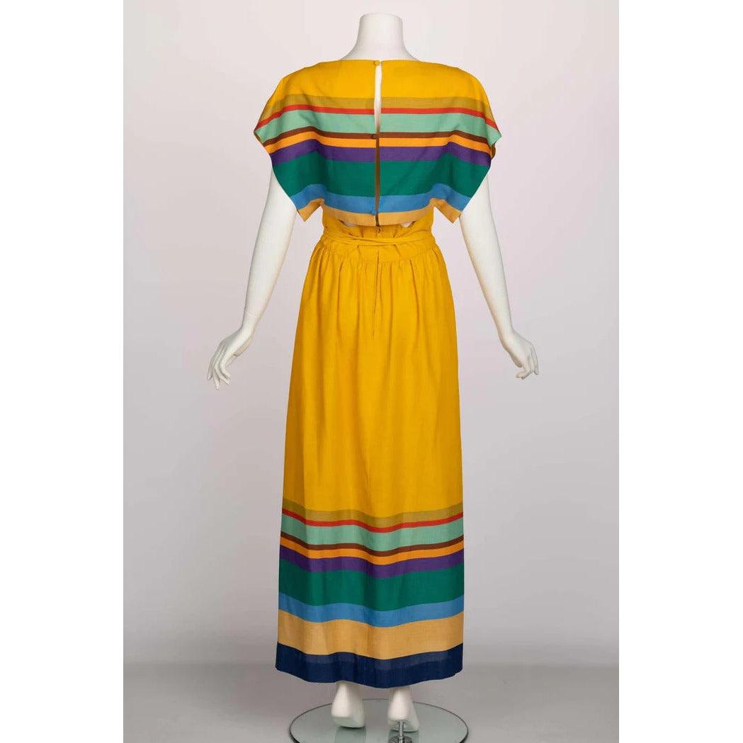 Pre-Owned MOLLIE PARNIS 1970s Yellow Striped Crop Top Bralette Maxi Skirt Set | Small - theREMODA