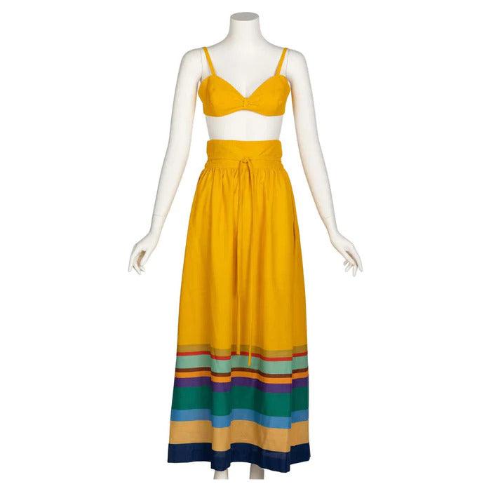 Pre-Owned MOLLIE PARNIS 1970s Yellow Striped Crop Top Bralette Maxi Skirt Set | Small - theREMODA