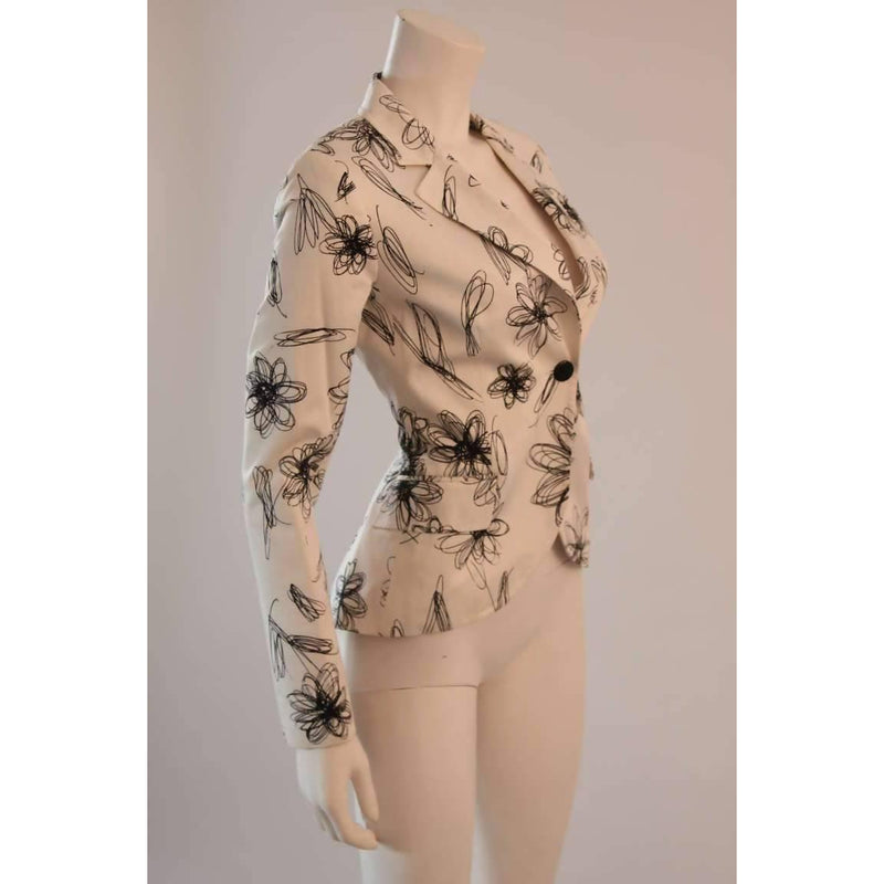 Pre-Owned MOSCHINO White with Black Floral Sketch Single Button Blazer - theREMODA