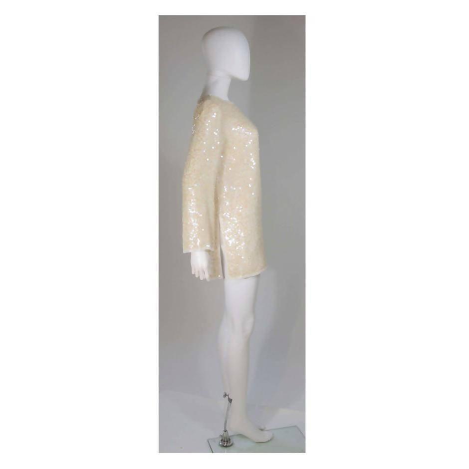 Pre-Owned OLEG CASSINI Off-White Silk Sequin Embellished Tunic | Size US 6 - theREMODA