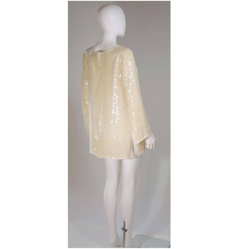 Pre-Owned OLEG CASSINI Off-White Silk Sequin Embellished Tunic | Size US 6 - theREMODA