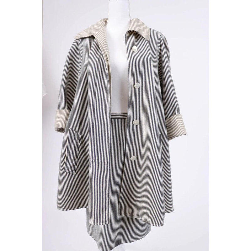 Pre-Owned OSCAR DE LA RENTA 1980's Blue and White Pinstripe Wool Swing Coat and Skirt Set |  Size 10 - M/L - theREMODA