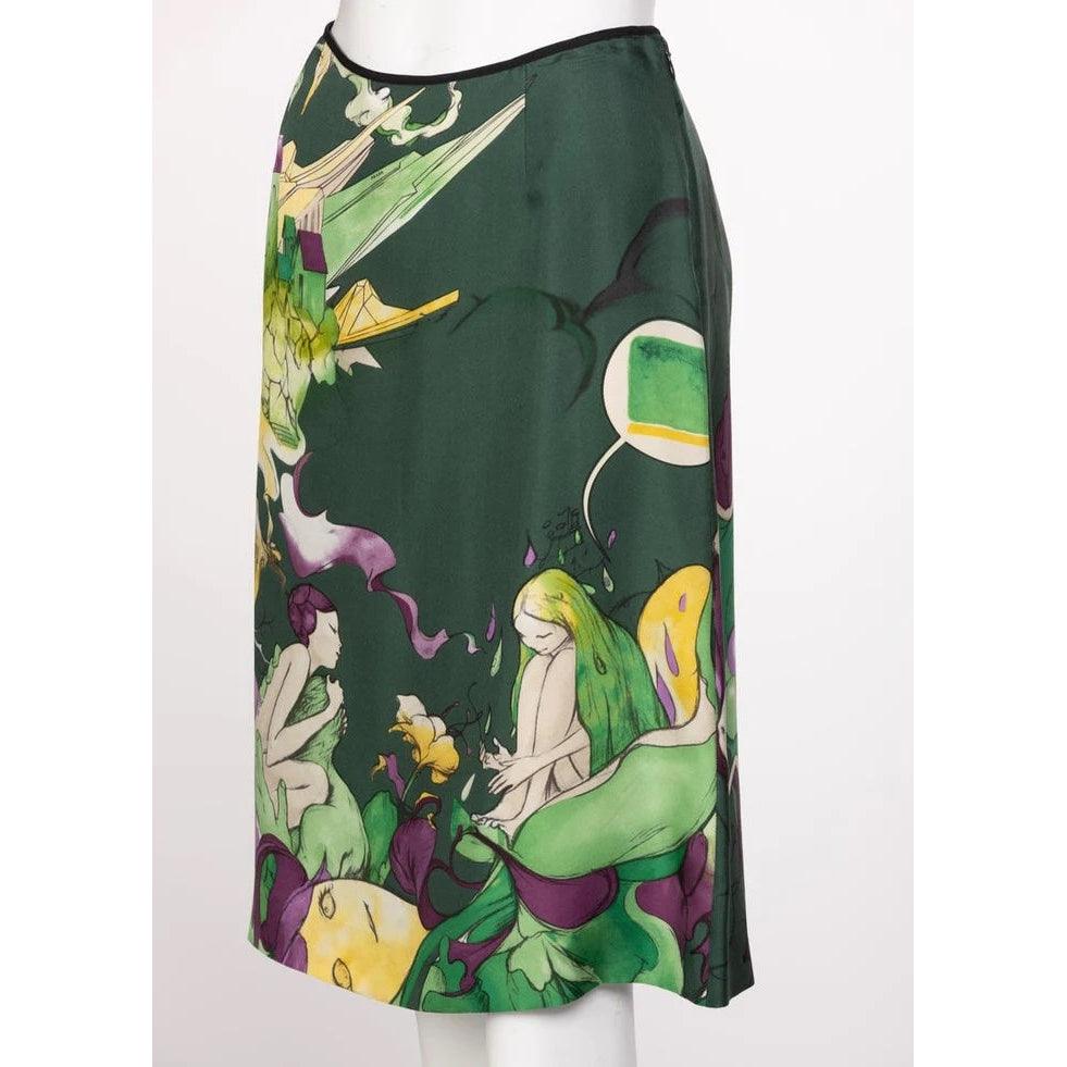 【関税込み】prada Jewel skirt PRADA FAIRY JAMES JEAN 2008 Emerald Green Print Silk Skirt