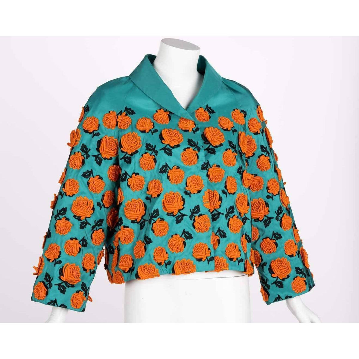 Pre-Owned PRADA Turquoise Silk Taffeta Floral Applique Jacket Spring 2012 | Size S/M - theREMODA