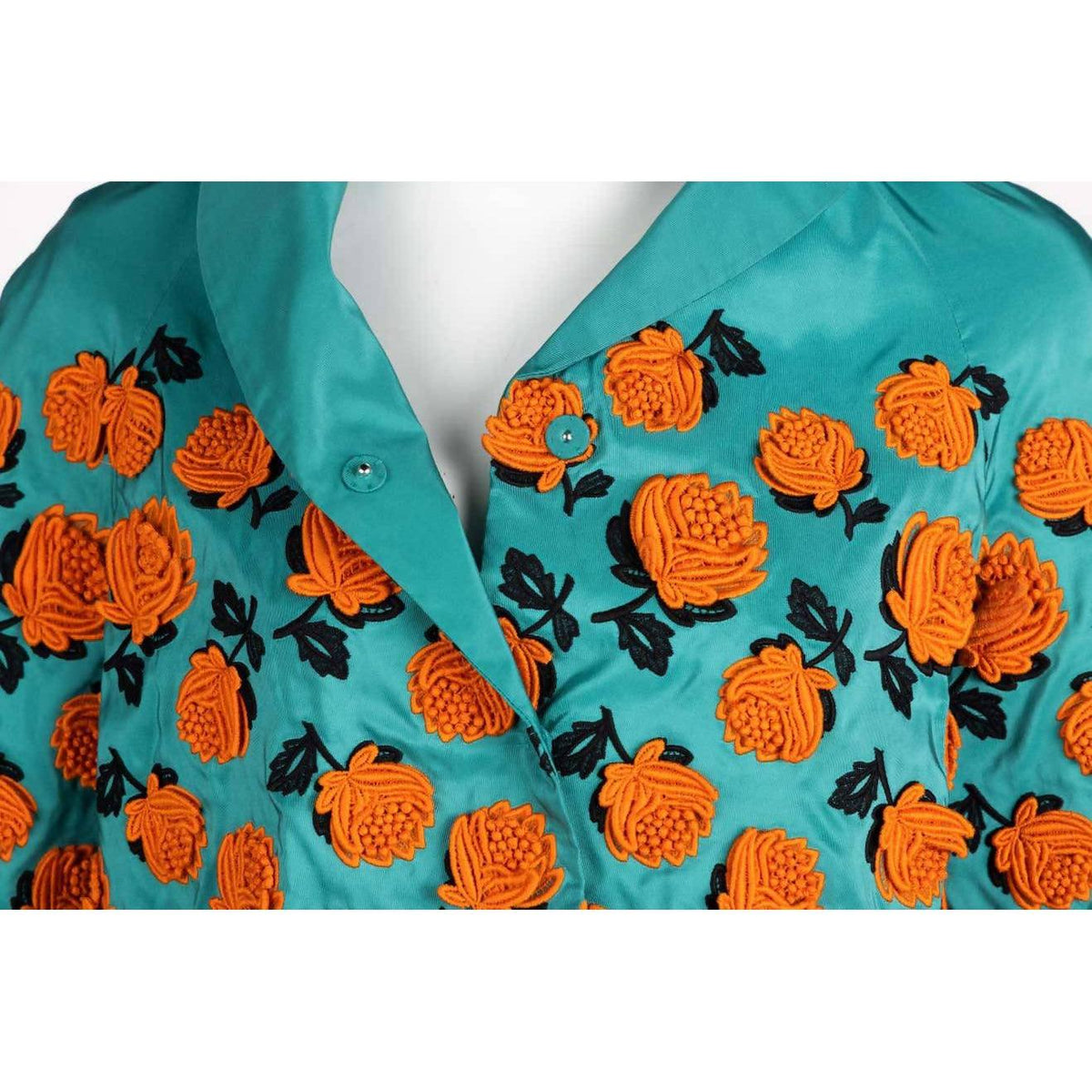 Pre-Owned PRADA Turquoise Silk Taffeta Floral Applique Jacket Spring 2012 | Size S/M - theREMODA