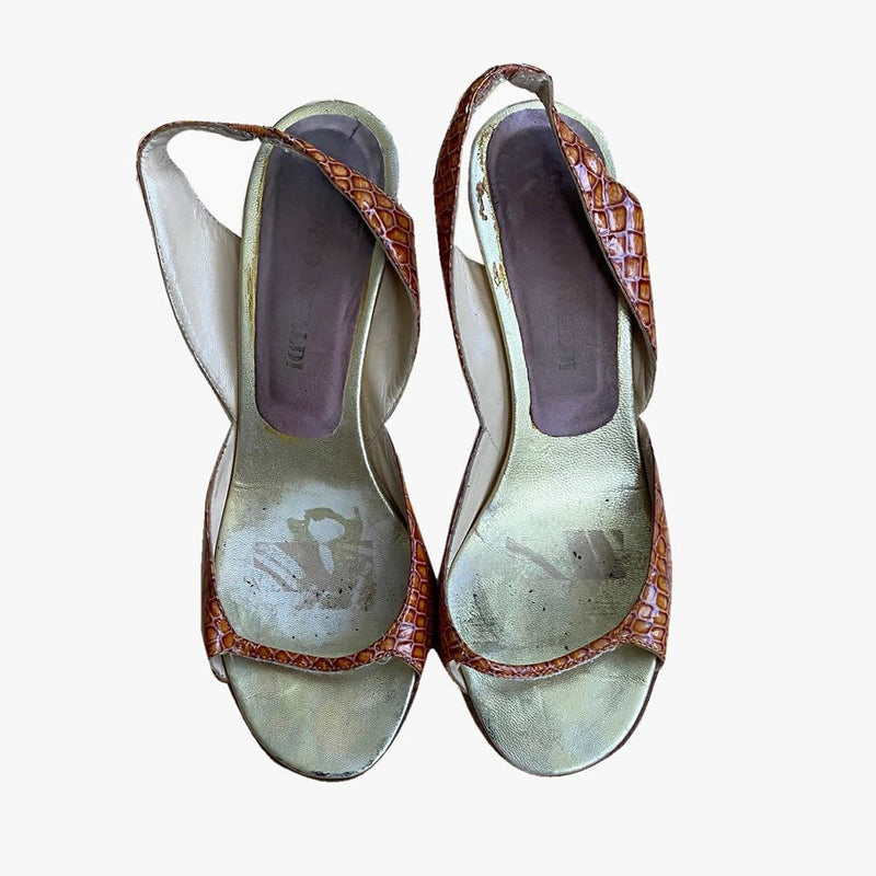 Pre-owned ROBERTO RINALDI Tan & Gold Stiletto Evening Sandals - theREMODA