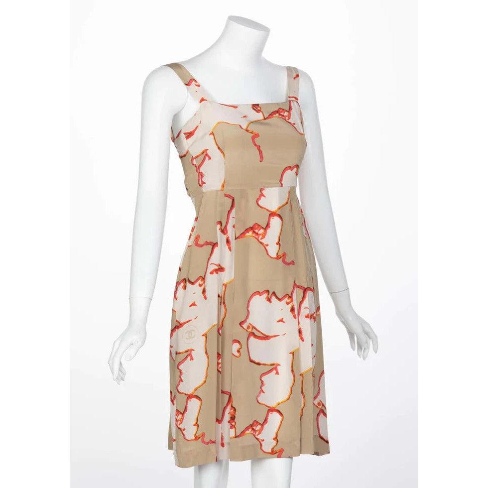 Pre-owned/ used CHANEL Taupe Silk Sleeveless Faces Print Dress Collectors Spring 2000 | 34 FR - XS - theREMODA