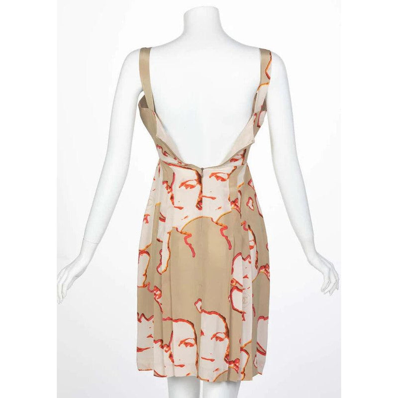 Pre-owned/ used CHANEL Taupe Silk Sleeveless Faces Print Dress Collectors Spring 2000 | 34 FR - XS - theREMODA