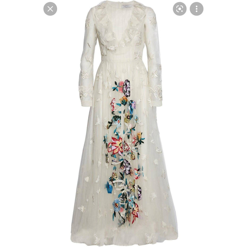 Pre-Owned VALENTINO White Embroidered Evening Gown | Size US 12 - IT 48 - theREMODA
