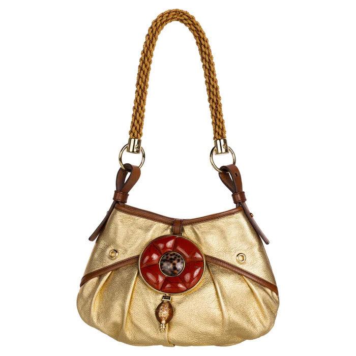 Pre-owned YVES SAINT LAURENT Tom Ford Vintage Gold Leather Coral Shell Rope Shoulder Bag - theREMODA