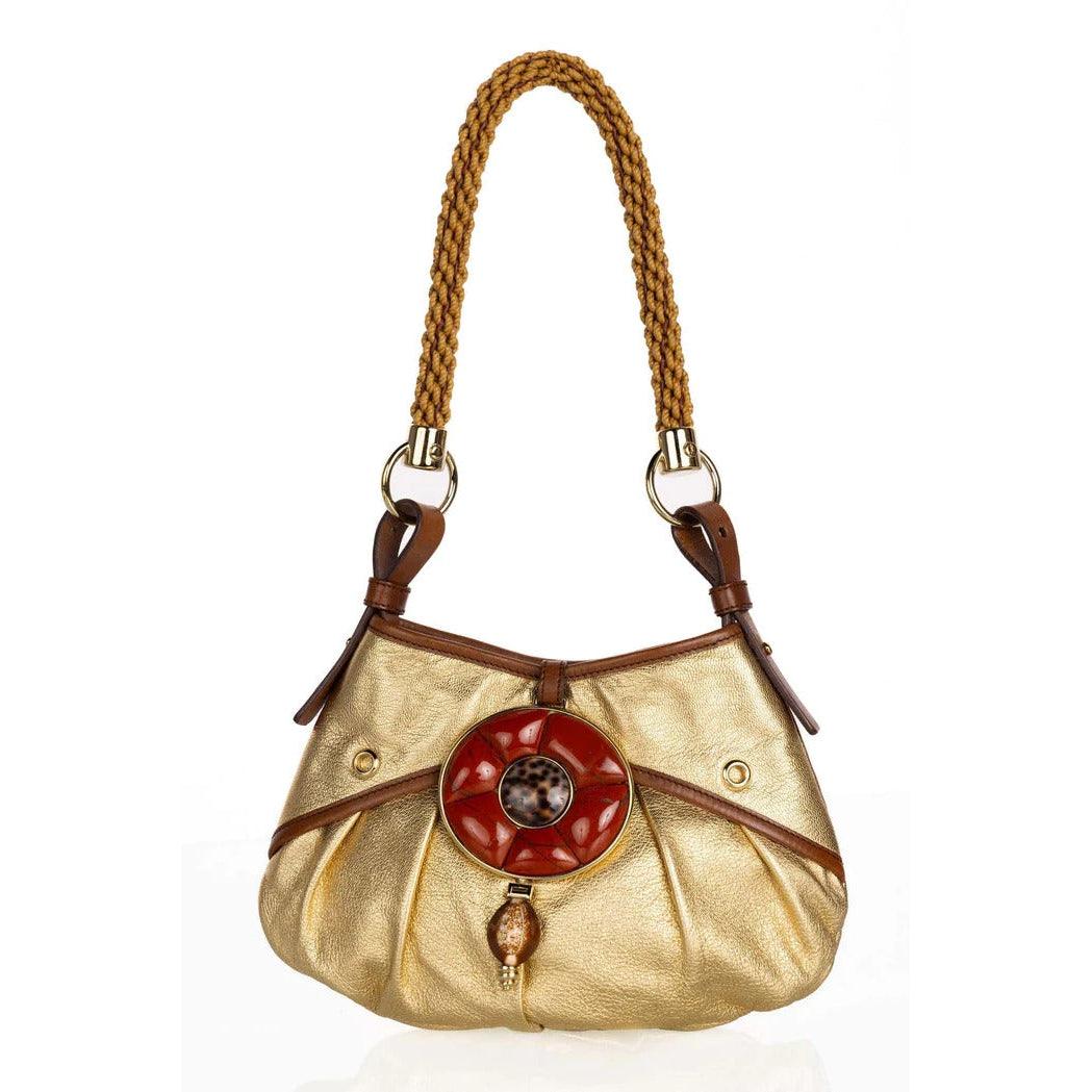 Pre-owned YVES SAINT LAURENT Tom Ford Vintage Gold Leather Coral Shell Rope Shoulder Bag - theREMODA