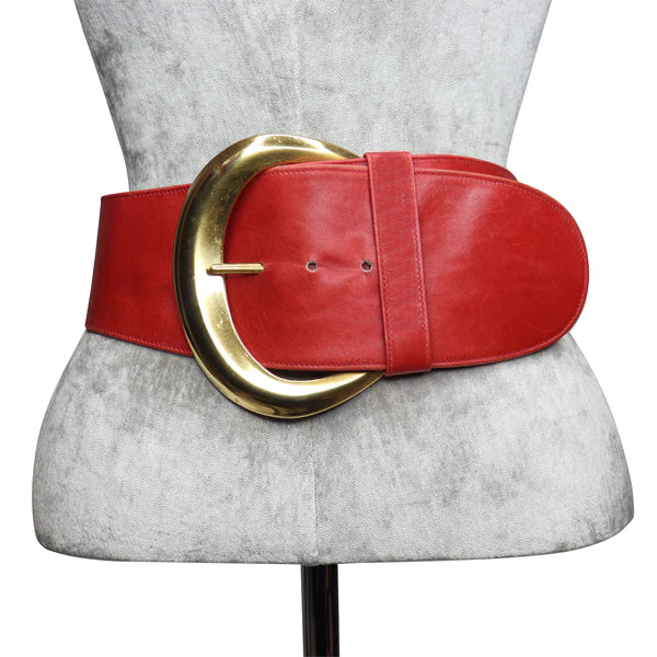 Pre-Owned DONNA KARAN Red Leather Belt w/ Goldtone Buckle Circa 1990s | Small - theREMODA