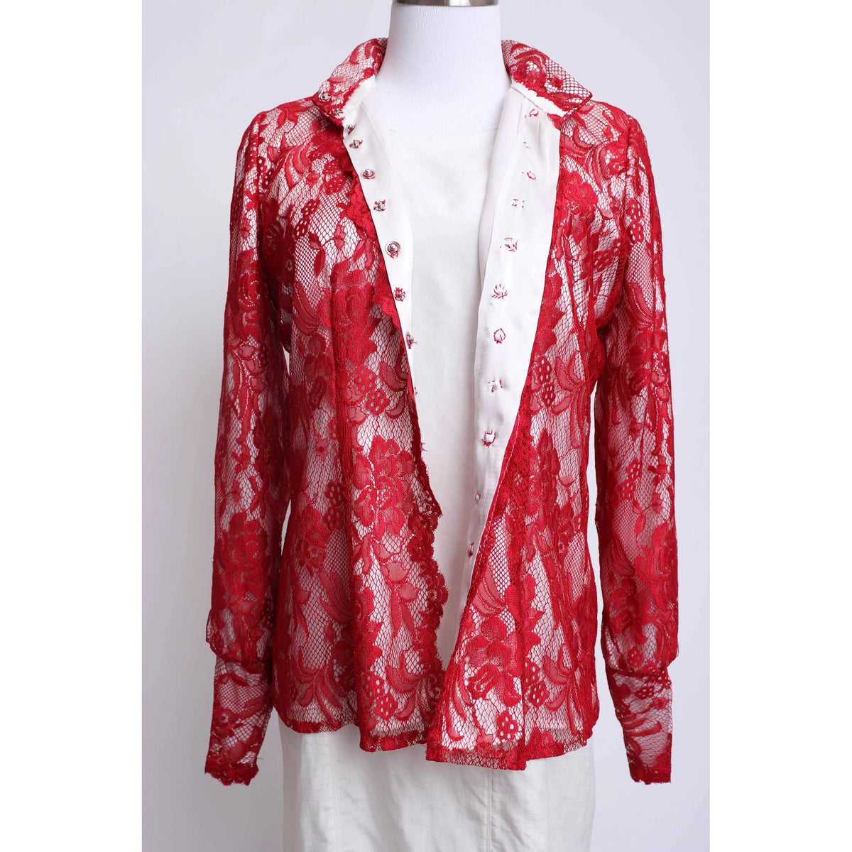 Pre-owned 80’s Red Lace and White Silk Top - theREMODA