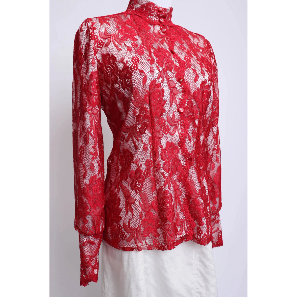 Pre-owned 80’s Red Lace and White Silk Top - theREMODA