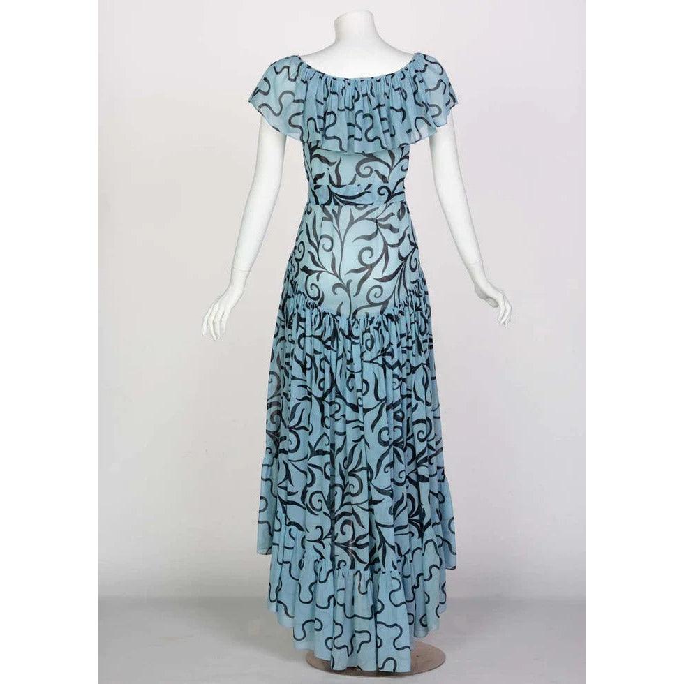 SAINT LAURENT Arabesque Print Blue Black Ruffle Collar Maxi Dress Ysl, 1980s | FR 38 - Small - theREMODA