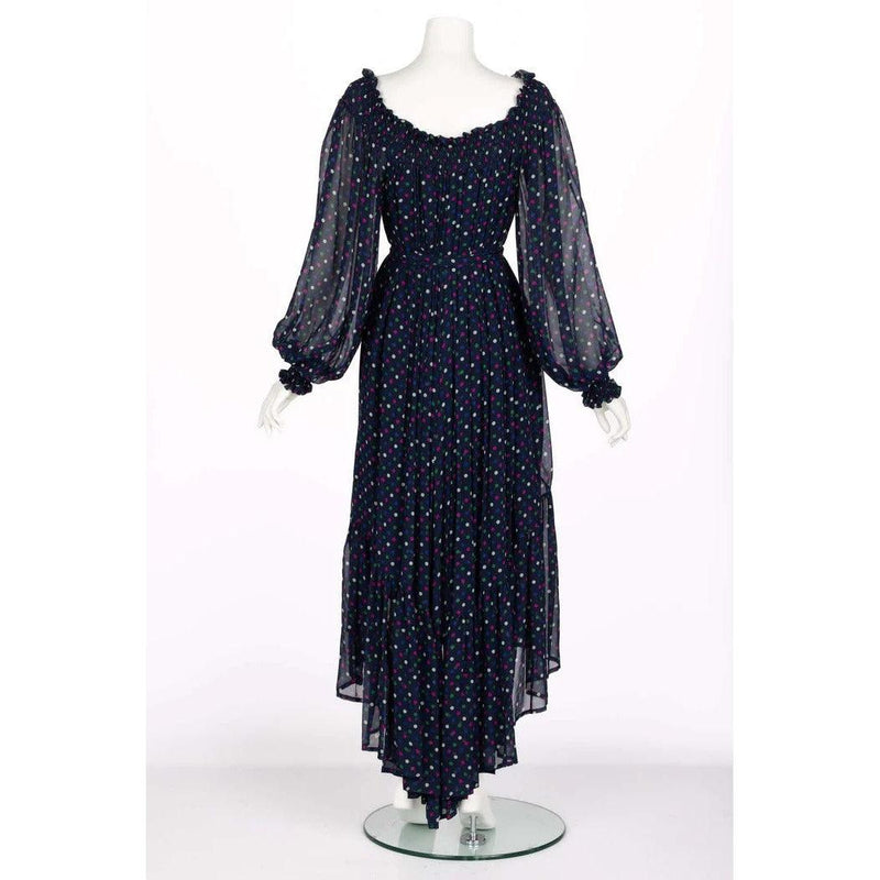 SAINT LAURENT Blue Polka Dot Off Shoulder Silk Dress Ysl 1970s - theREMODA