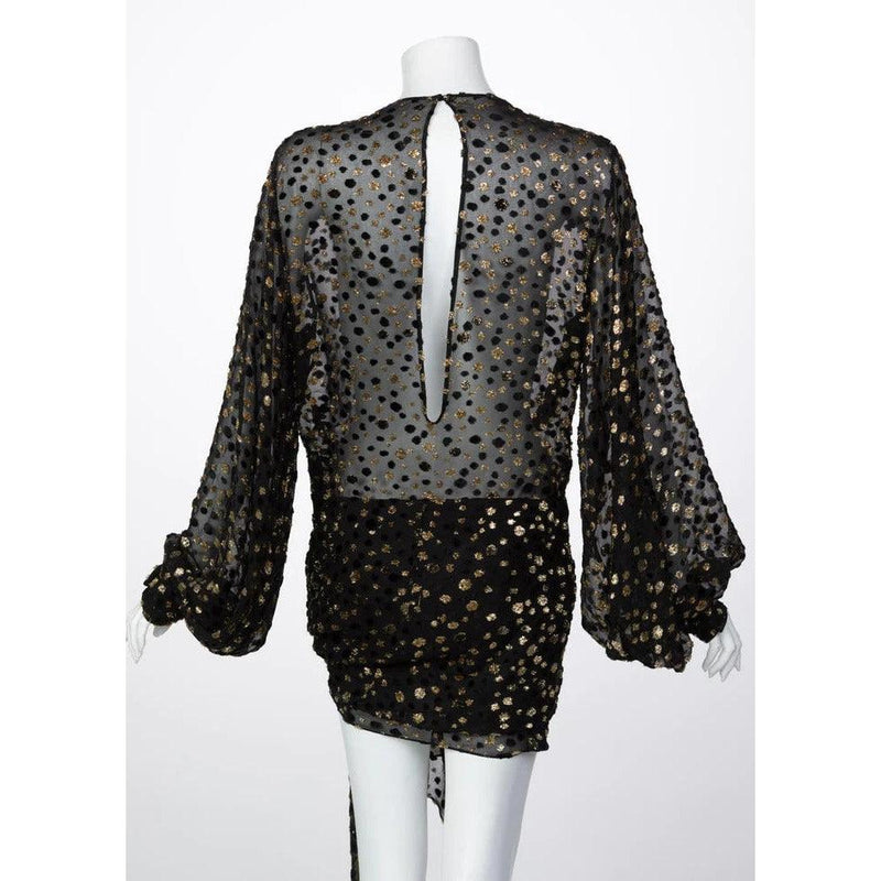 SAINT LAURENT Sheer Black Silk Gold Lurex Dot Cut Out Back Tunic Mini Dress - theREMODA