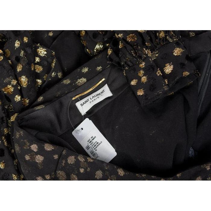 SAINT LAURENT Sheer Black Silk Gold Lurex Dot Cut Out Back Tunic Mini Dress - theREMODA
