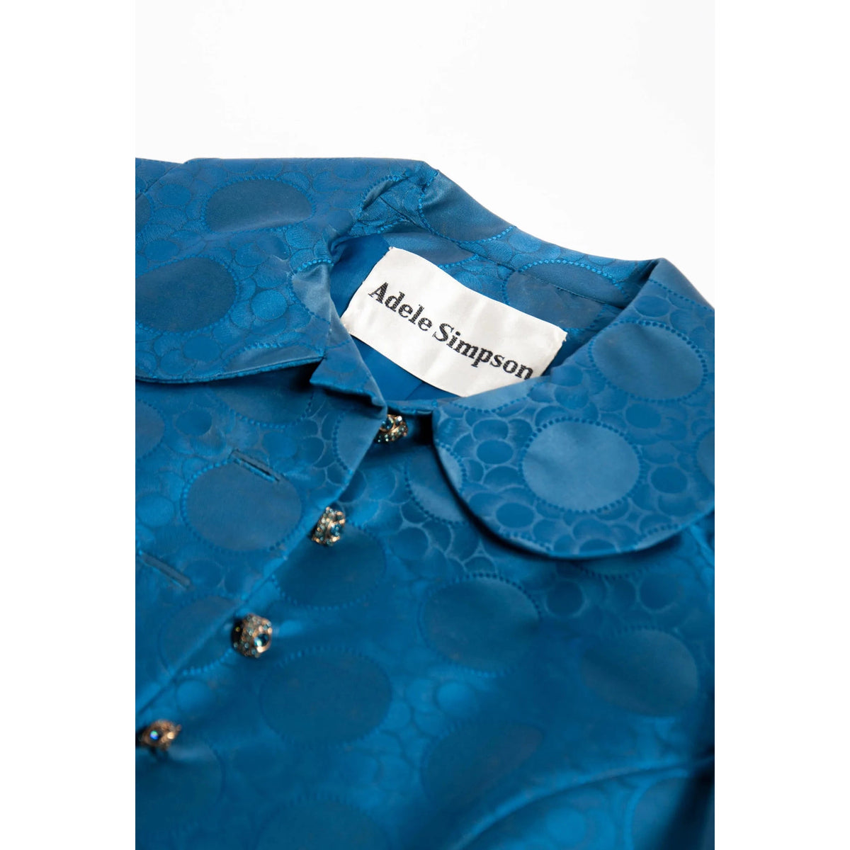 Pre-Owned ADELE SIMPSON Vintage 1960s Blue Silk Jacquard Polka Dot Cropped Jacket | M/L - theREMODA