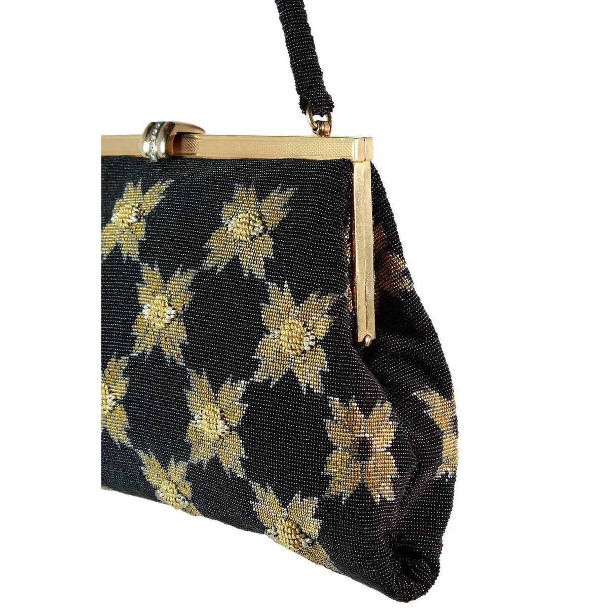 Vintage 1950's Black & Gold Caviar Beaded Floral Evening Purse - theREMODA
