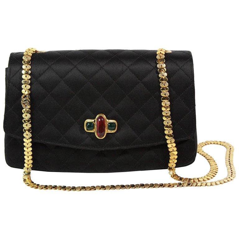 Vintage CHANEL 1990s Gripoix Gold Strap Quilted Black Satin Purse –  theREMODA