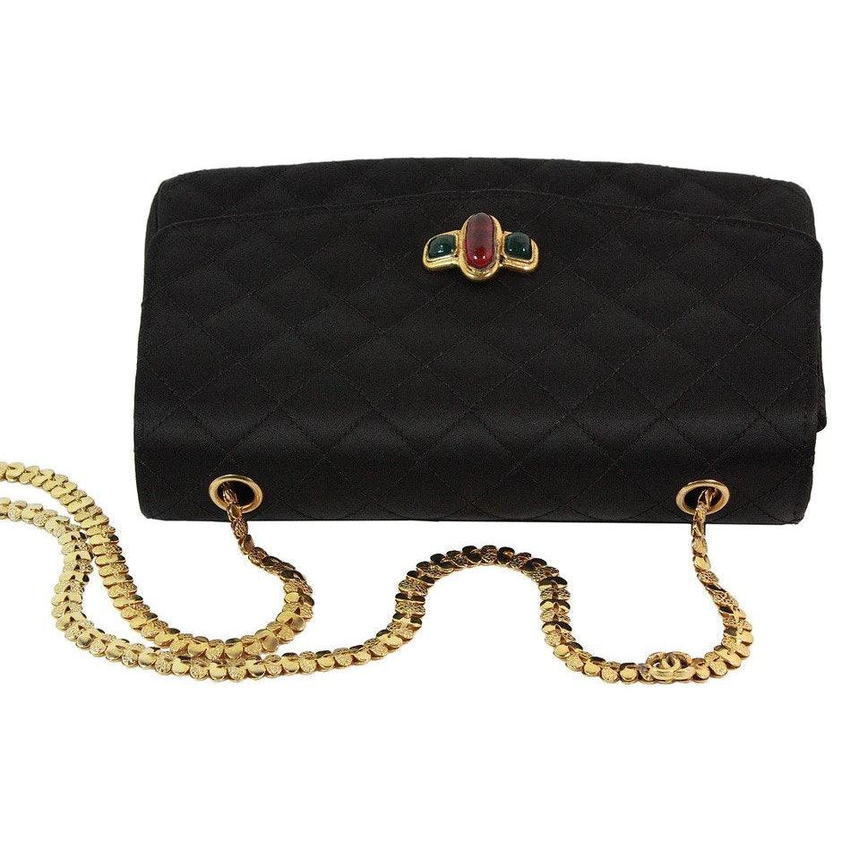 Vintage CHANEL 1990s Gripoix Gold Strap Quilted Black Satin Purse
