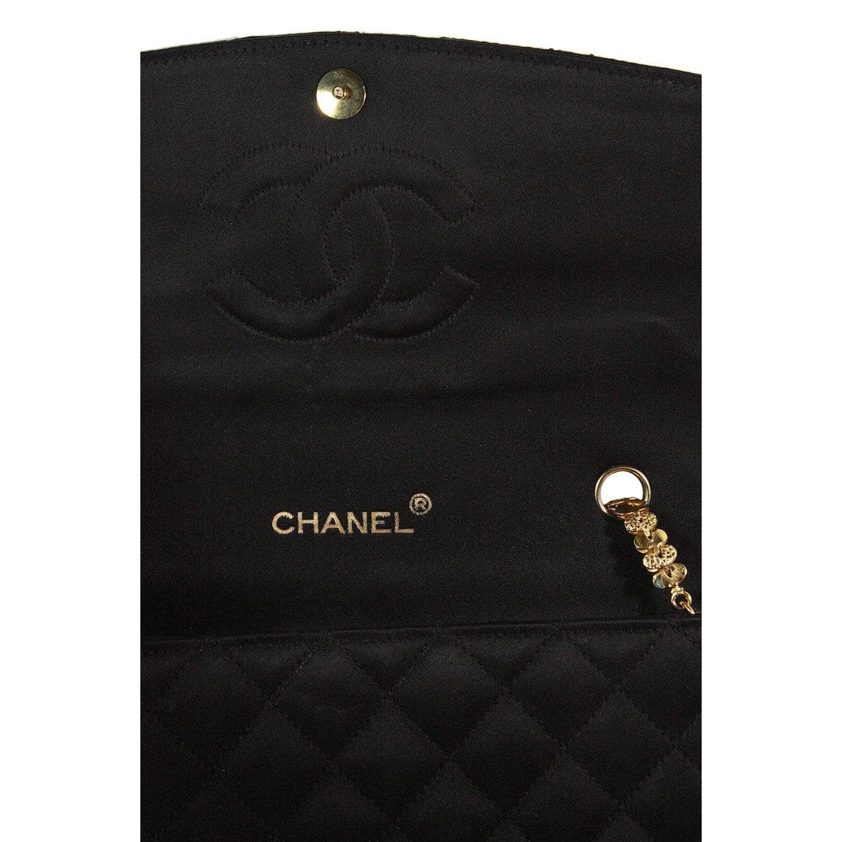 Pre- owned   CHANEL 1990s Gripoix Gold Strap Quilted Black Satin Purse - theREMODA