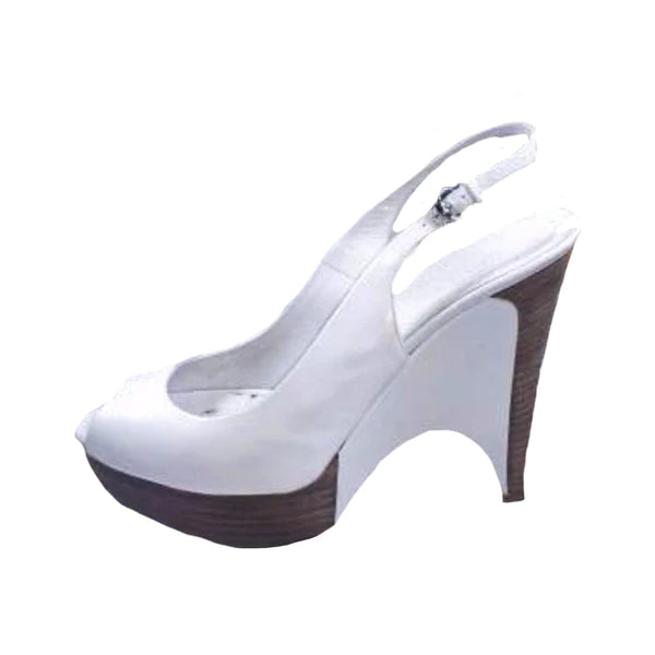 Pre- owned GUCCI White Wooden Platform Peep Toe Wedge Shoes with Box | Size 7 - theREMODA