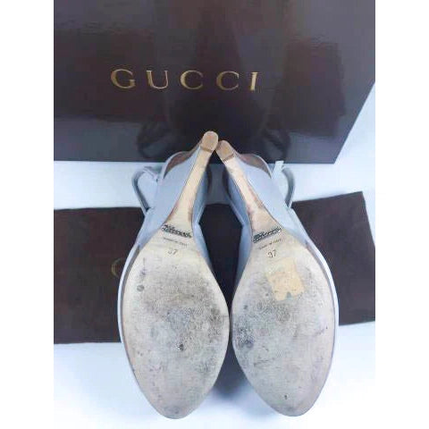 Pre- owned GUCCI White Wooden Platform Peep Toe Wedge Shoes with Box | Size 7 - theREMODA