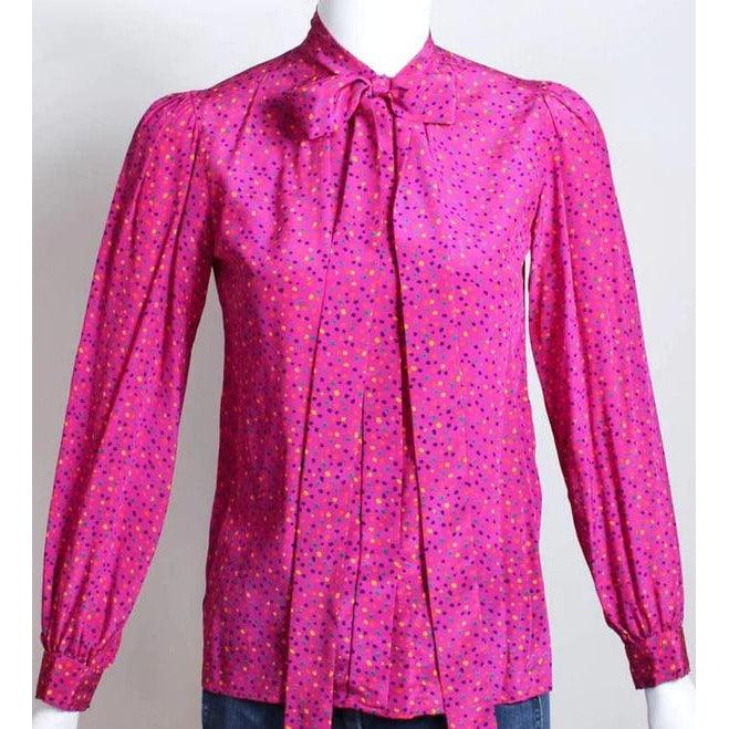 YVES SAINT LAURENT 1970s Pink Confetti Print Silk Bow Tie Blouse Ysl - theREMODA