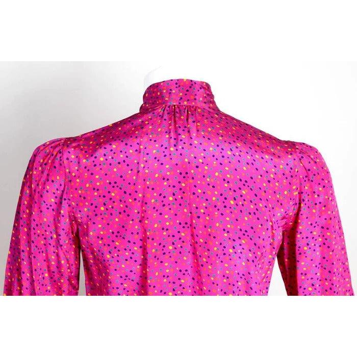 YVES SAINT LAURENT 1970s Pink Confetti Print Silk Bow Tie Blouse Ysl - theREMODA