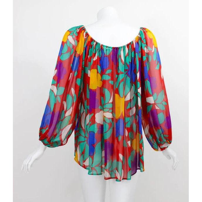 YVES SAINT LAURENT 1979 Silk Chiffon Colorful Floral Print Blouse Documented Ysl - theREMODA