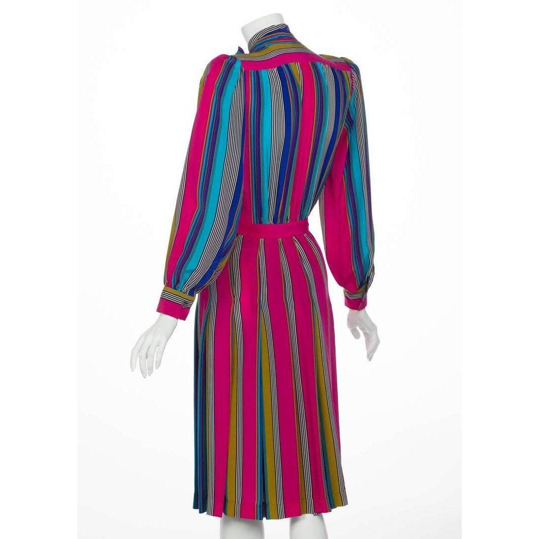 YVES SAINT LAURENT 1982 Multicolored Striped Silk Dress Documented YSL | Size L - theREMODA