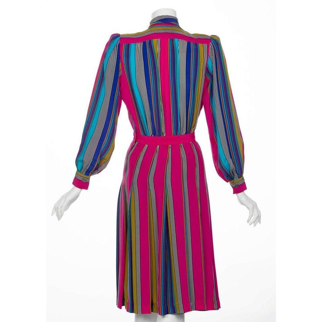 YVES SAINT LAURENT 1982 Multicolored Striped Silk Dress Documented YSL | Size L - theREMODA