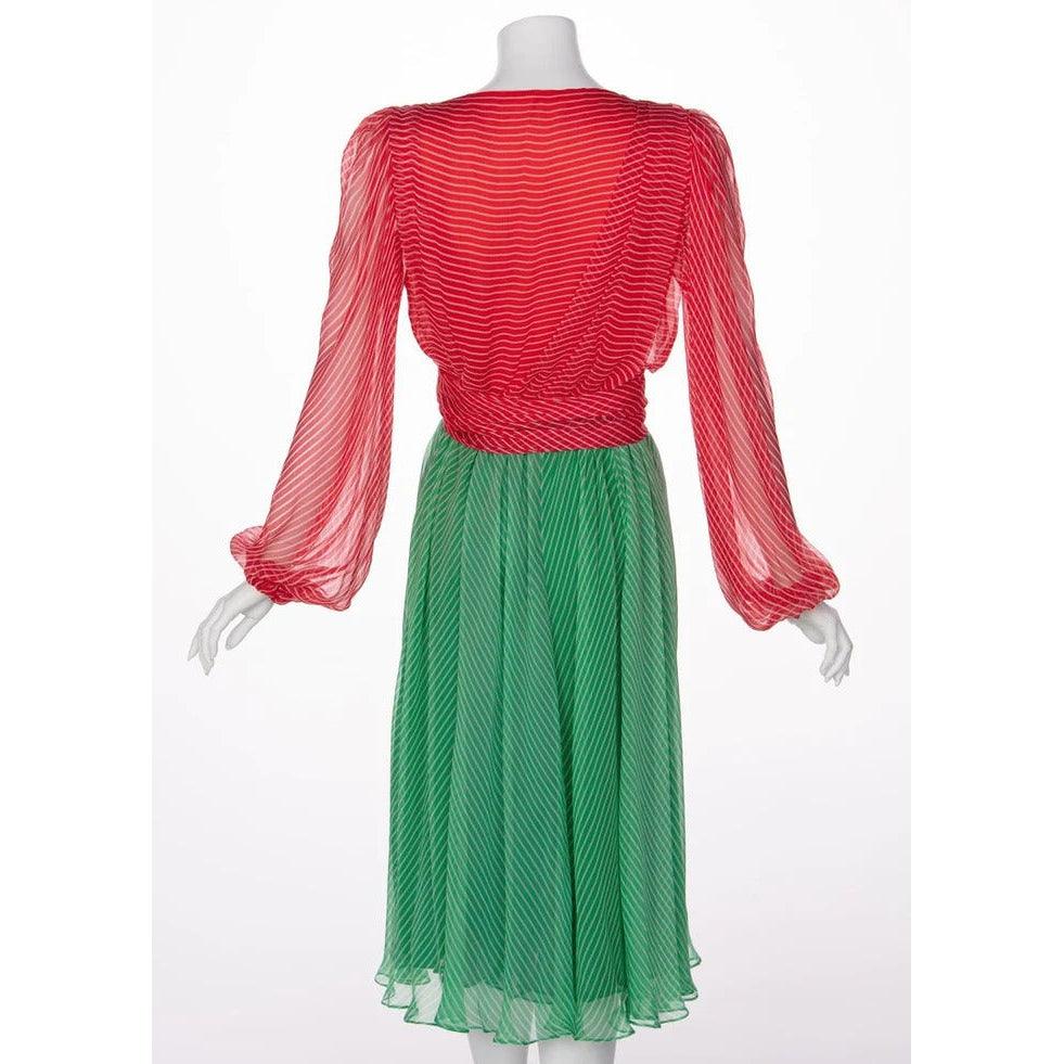 YVES SAINT LAURENT Haute Couture Red / Green Stripe Silk Chiffon Dress - theREMODA