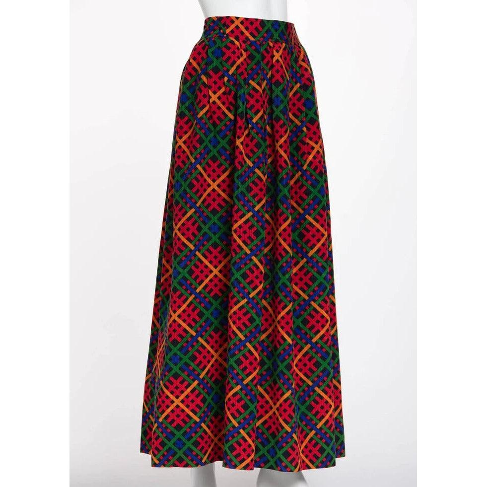 YVES SAINT LAURENT Red Multicolored Plaid Full Maxi Skirt - theREMODA