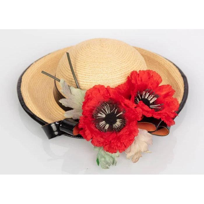 YVES SAINT LAURENT Straw and Black Patent Leather Red Poppy Flower Hat, 1970s - theREMODA