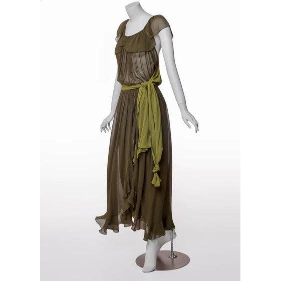 YVES SAINT LAURENT Vintage Green Silk Chiffon Ruffled Goddess Evening Gown - theREMODA