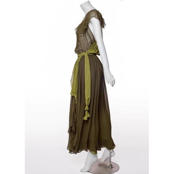 YVES SAINT LAURENT Vintage Green Silk Chiffon Ruffled Goddess Evening Gown - theREMODA
