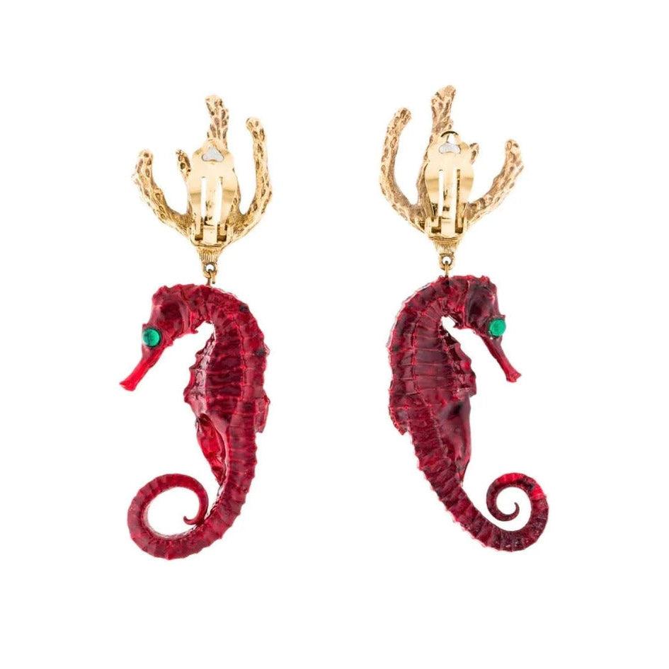 YVES SAINT LAURENT Vintage Red Gold Seahorse Earrings Ysl - theREMODA