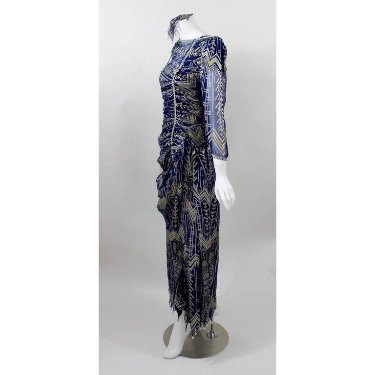 ZANDRA RHODES Navy Hand Painted Silk Dress, Slip, and Headpiece | Size M - theREMODA